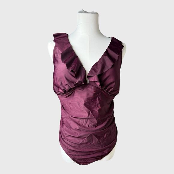 Kona Sol Womens One Piece Shirred Wrap Swimsuit Size 14W Purple Tummy Control - Picture 7 of 16